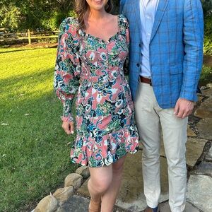 Cleobella Coral Multicolor Smocked Bubble Hem Puff Sleeve Mini Dress Small